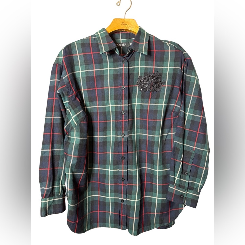 Lauren Ralph Lauren Womens Plaid Button Up Top Size 1X Black Green Preppy Office
